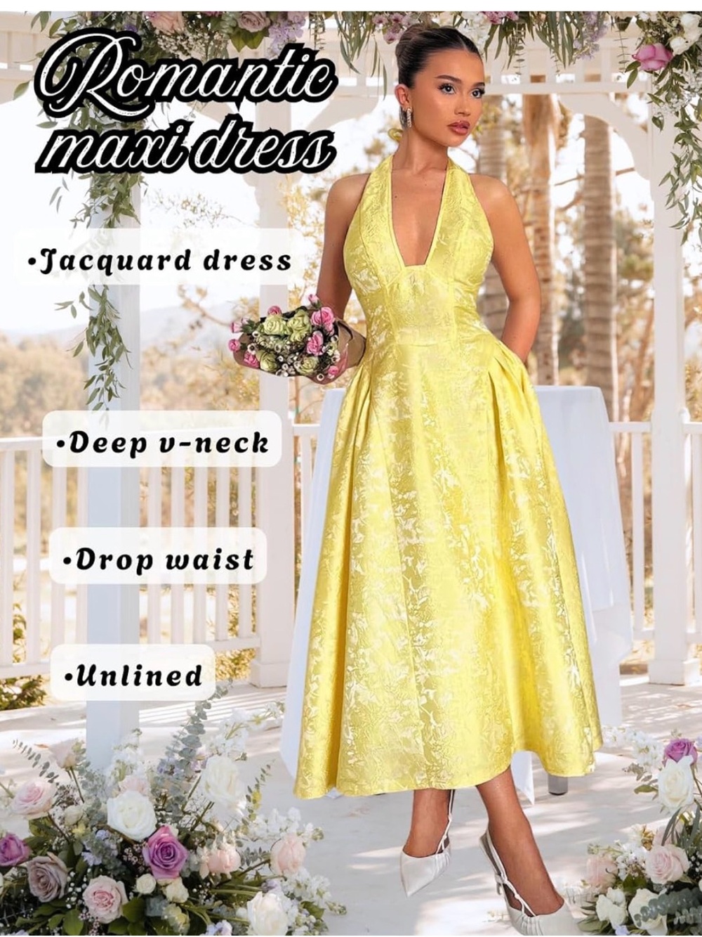 Romantic Yellow Jacquard Maxi Dress with Deep V-Neck